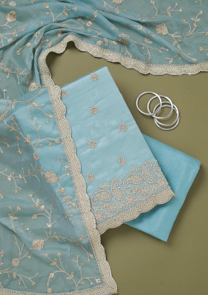 Sky Blue Cording Chinon Unstitched Salwar Suit
