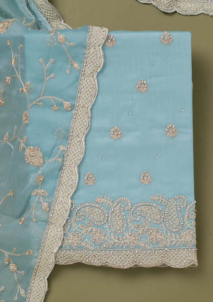 Sky Blue Cording Chinon Unstitched Salwar Suit