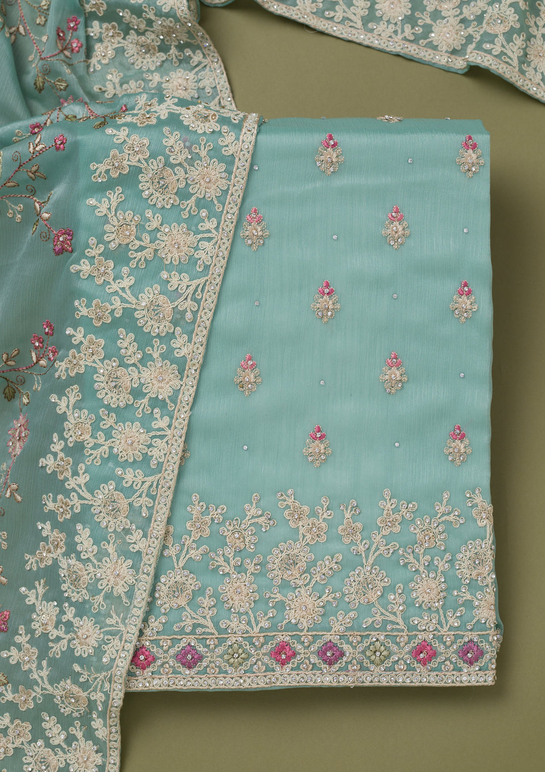 Sea Green Cording Chinon Unstitched Salwar Suit