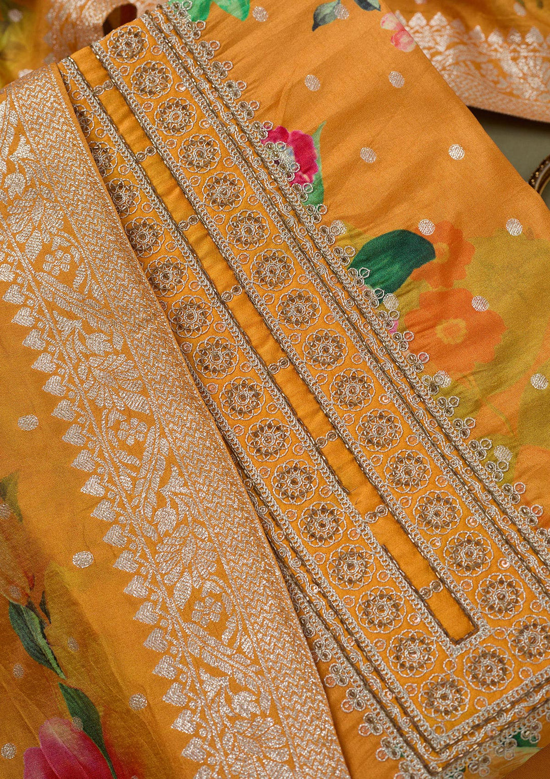 Mustard Zariwork Dola Silk Unstitched Salwar Suit