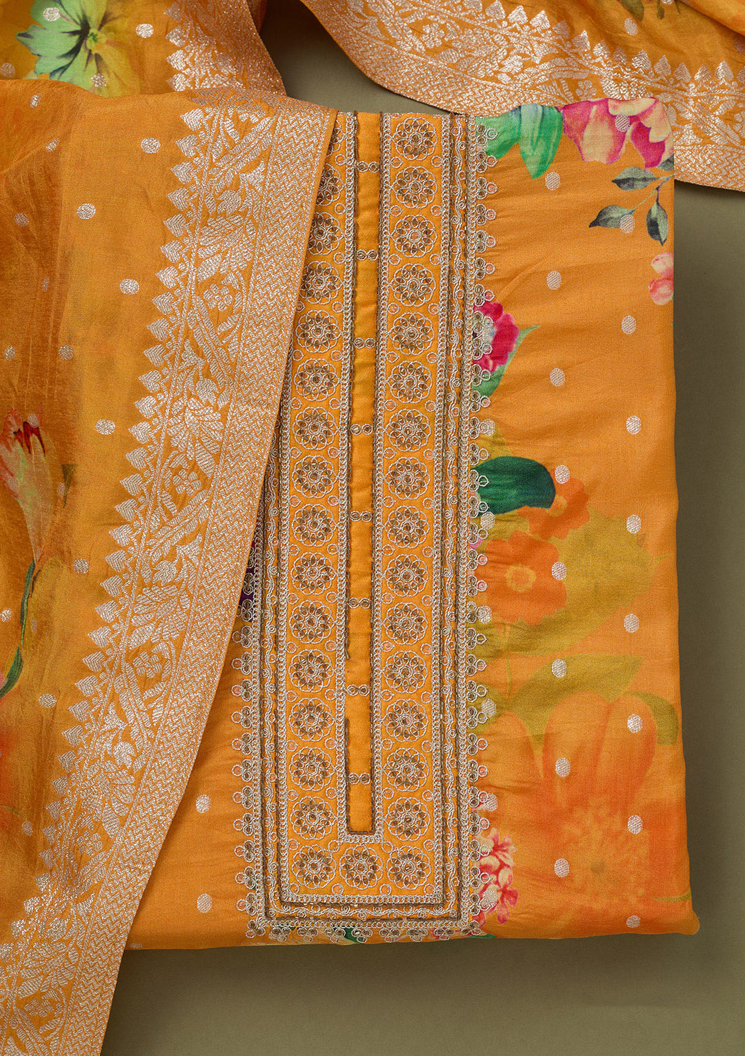 Mustard Zariwork Dola Silk Unstitched Salwar Suit