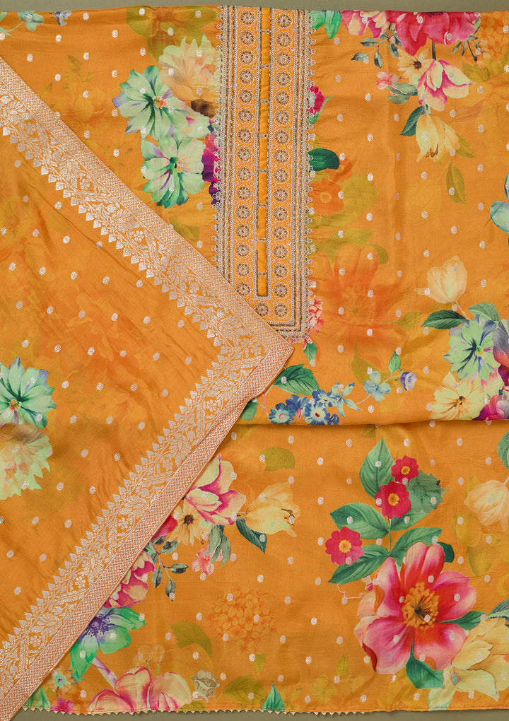 Mustard Zariwork Dola Silk Unstitched Salwar Suit