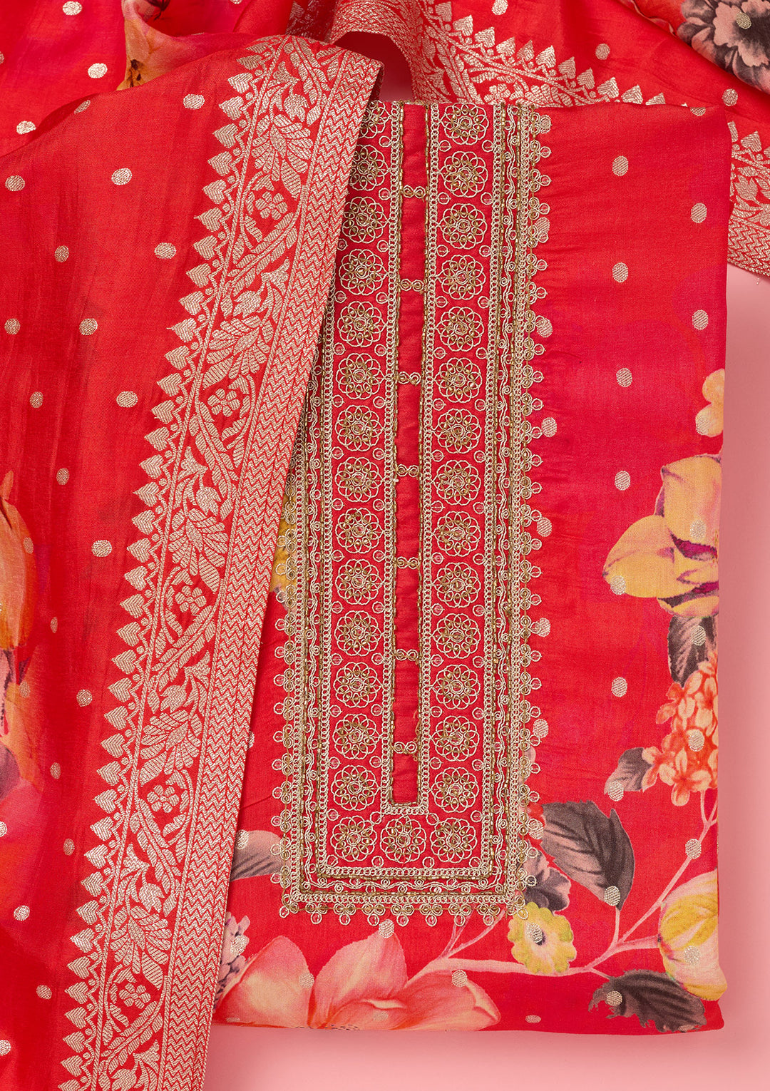 Pink Zariwork Dola Silk Unstitched Salwar Suit