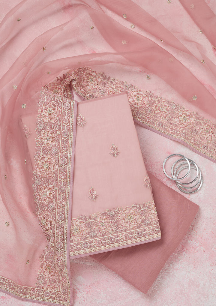 Baby Pink Silver Stonework Organza Unstitched Salwar Suit