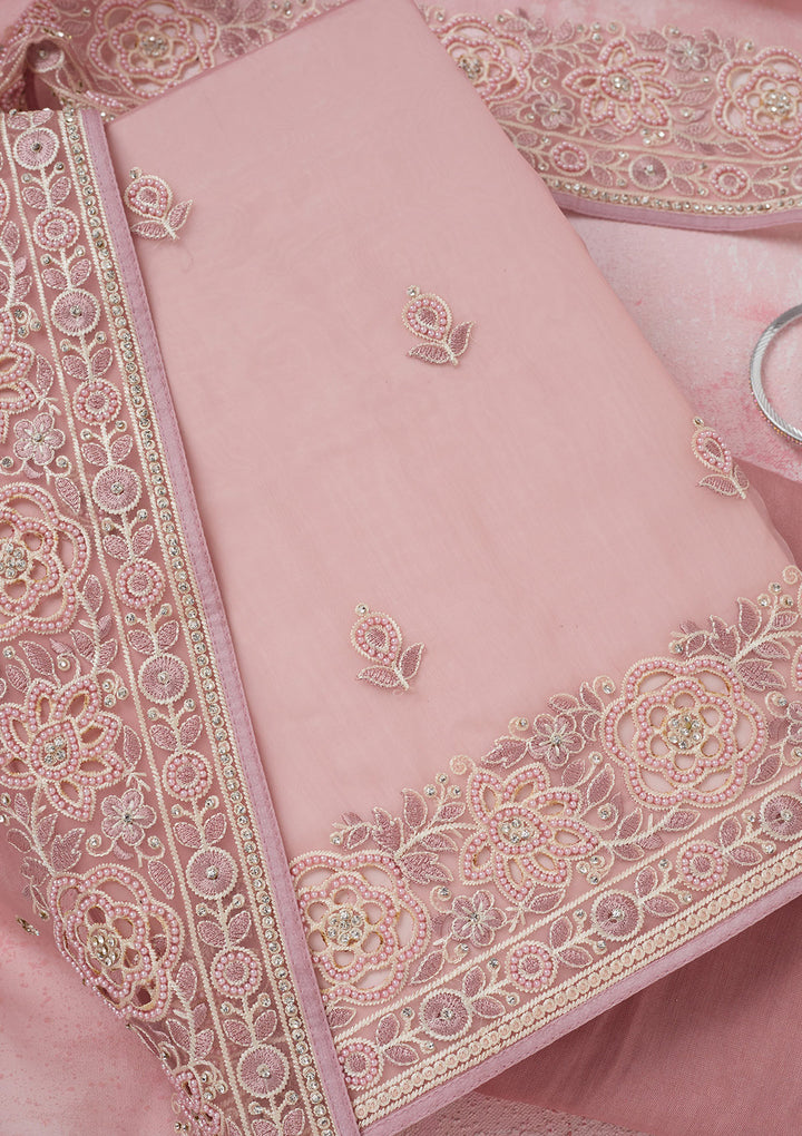 Baby Pink Silver Stonework Organza Unstitched Salwar Suit