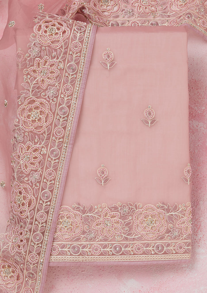 Baby Pink Silver Stonework Organza Unstitched Salwar Suit