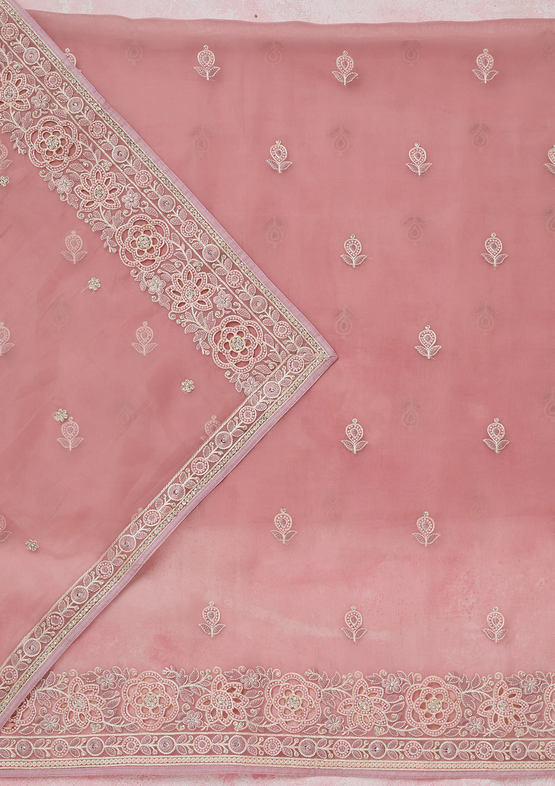 Baby Pink Silver Stonework Organza Unstitched Salwar Suit