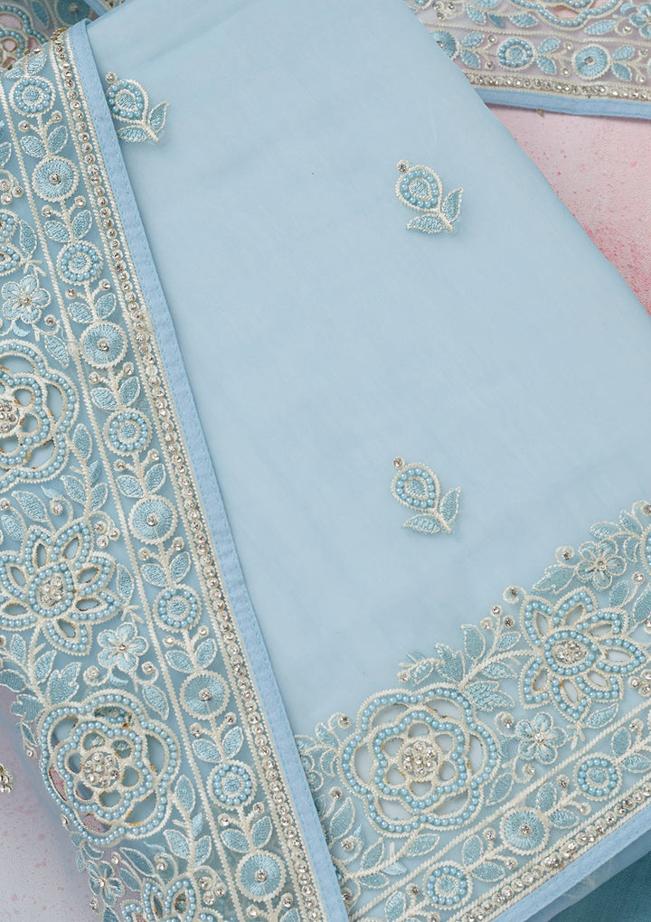 Sky Blue Threadwork Semi Crepe Unstitched Salwar Suit