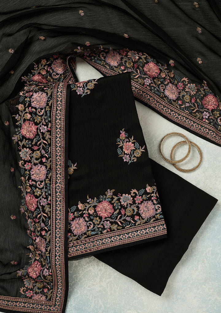 Black Kashmiri Chinon Unstitched Salwar Suit
