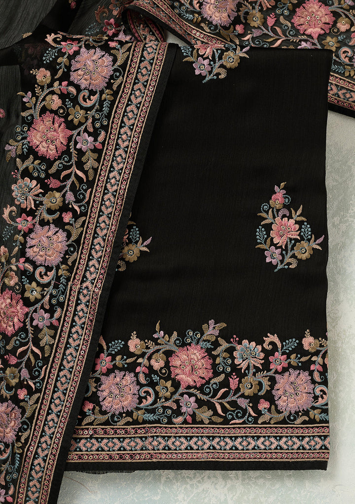 Black Kashmiri Chinon Unstitched Salwar Suit