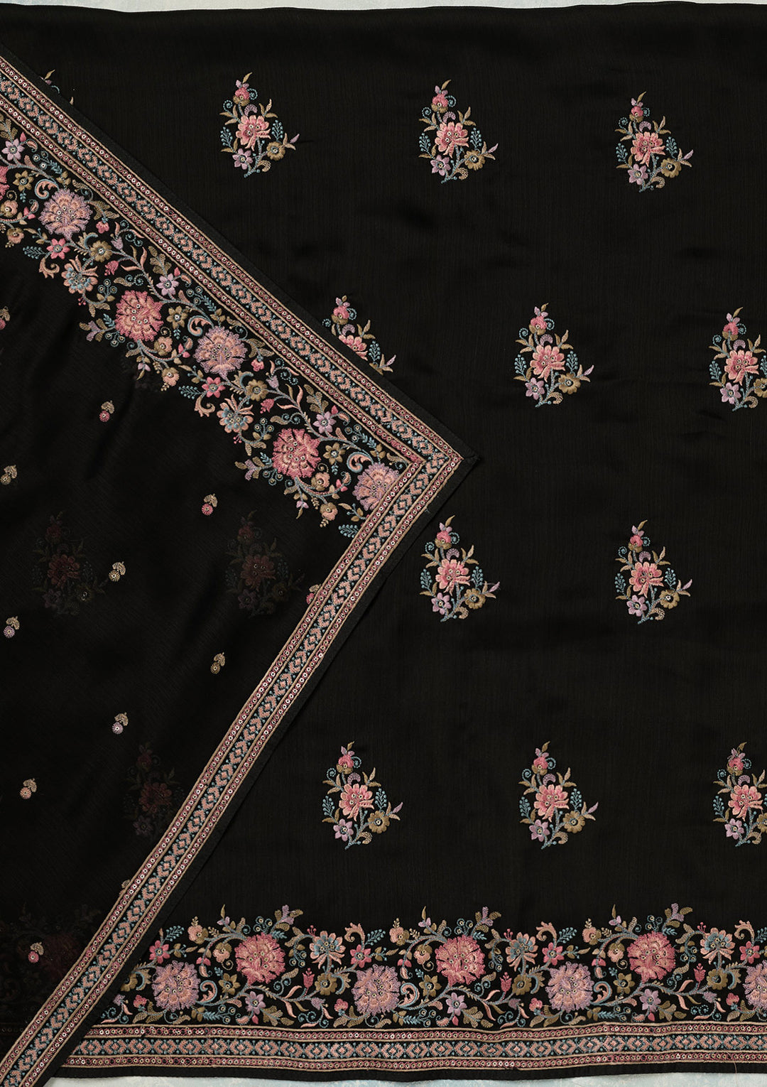 Black Kashmiri Chinon Unstitched Salwar Suit