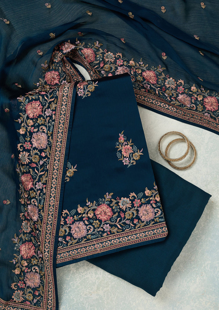 Navy Blue Kashmiri Chinon Unstitched Salwar Suit