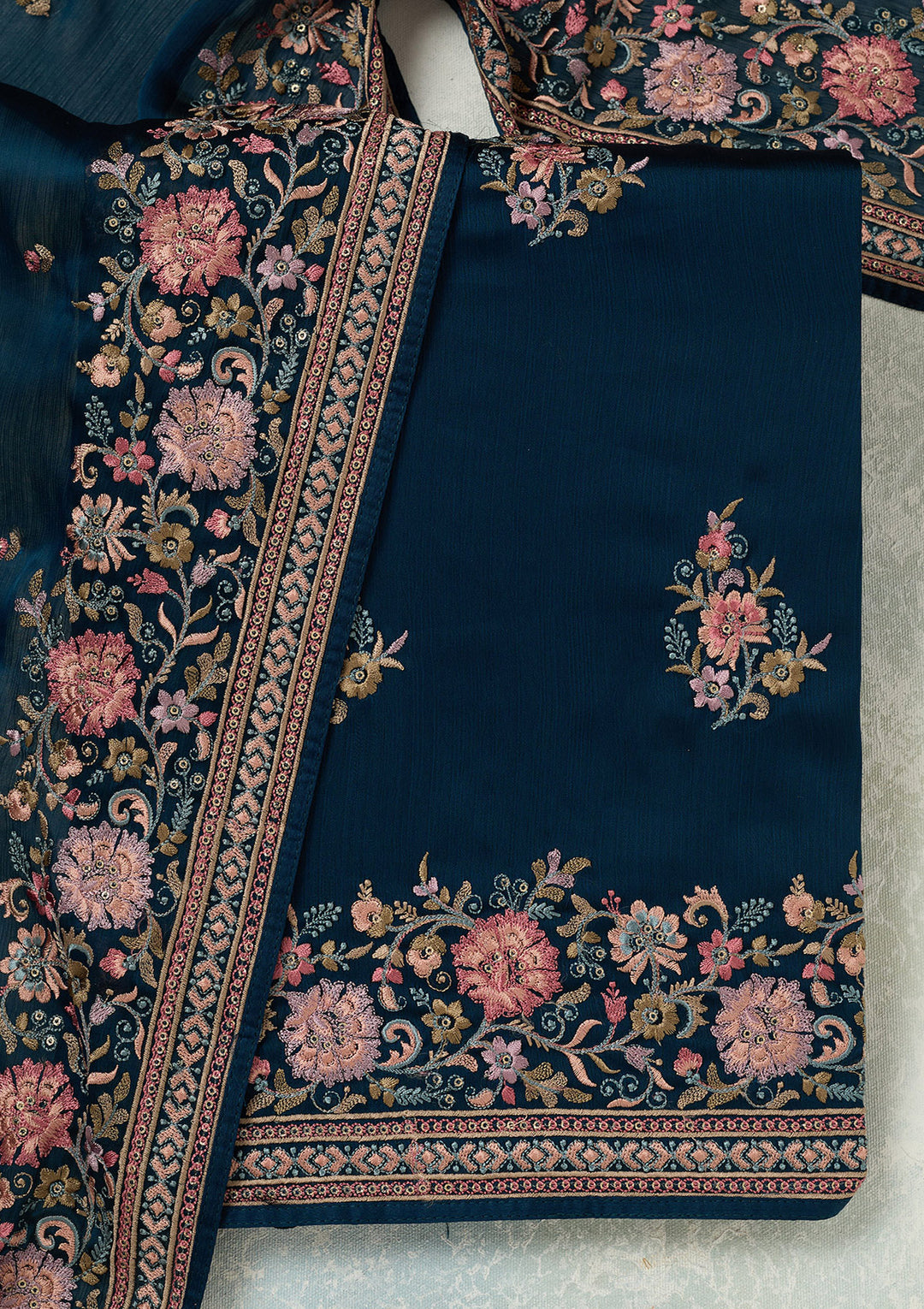 Navy Blue Kashmiri Chinon Unstitched Salwar Suit