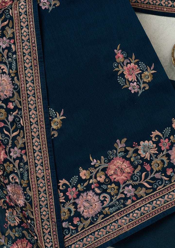 Navy Blue Kashmiri Chinon Unstitched Salwar Suit