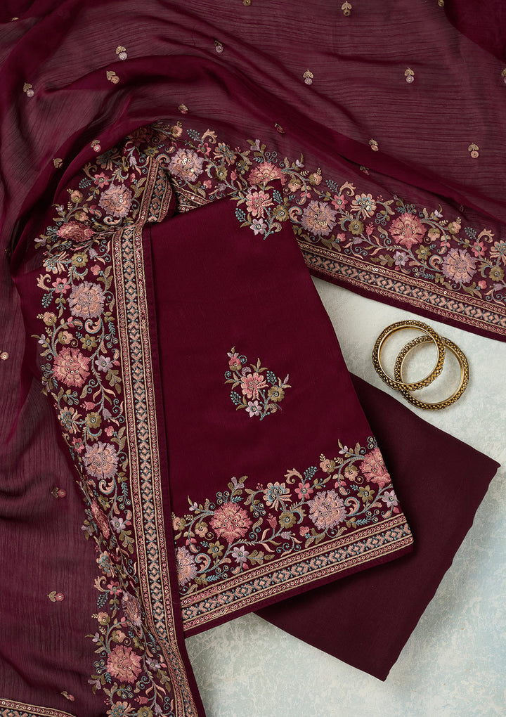 Wine Kashmiri Chinon Unstitched Salwar Suit