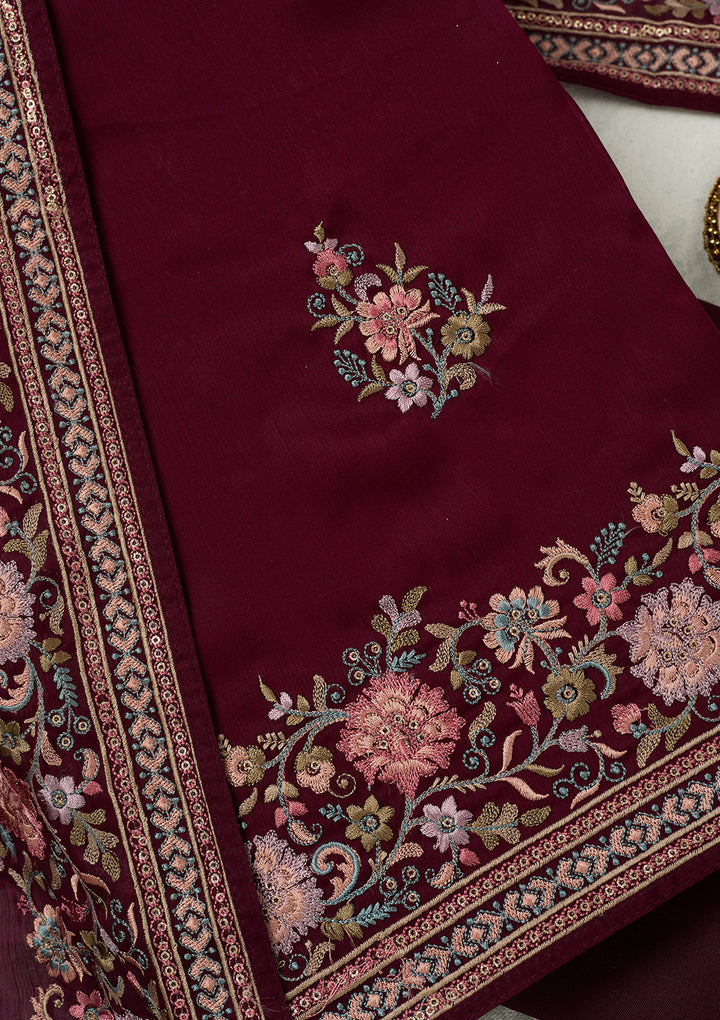 Wine Kashmiri Chinon Unstitched Salwar Suit