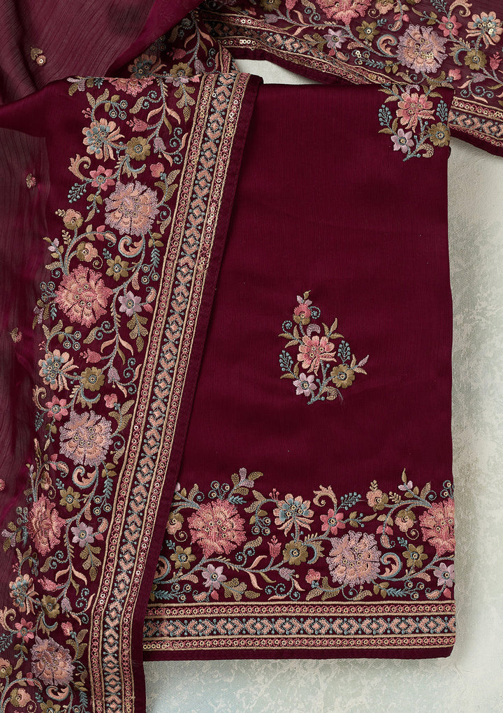 Wine Kashmiri Chinon Unstitched Salwar Suit