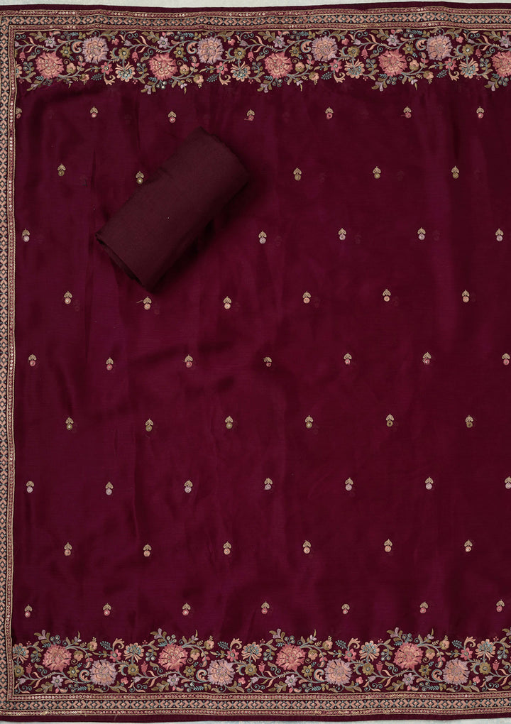 Wine Kashmiri Chinon Unstitched Salwar Suit