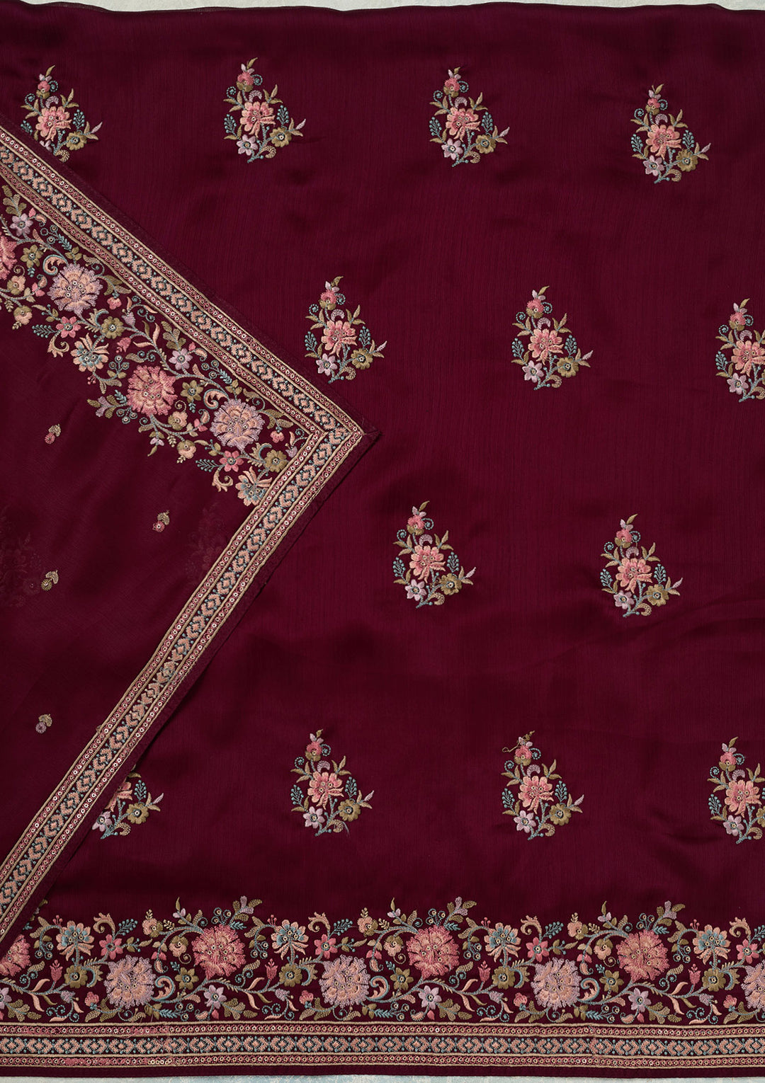 Wine Kashmiri Chinon Unstitched Salwar Suit