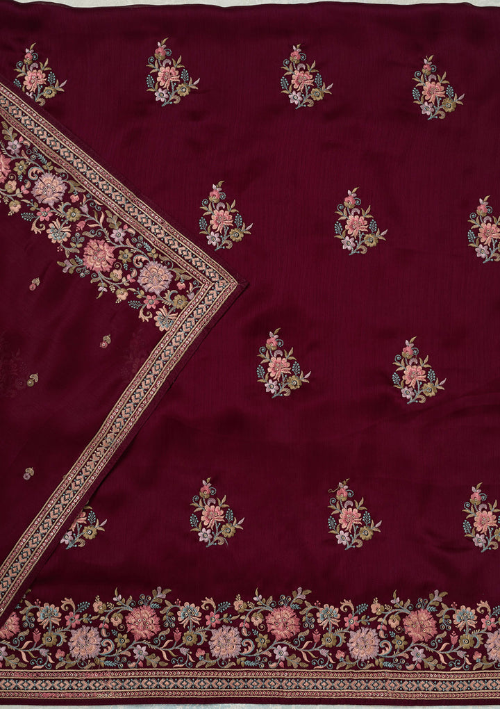 Wine Kashmiri Chinon Unstitched Salwar Suit