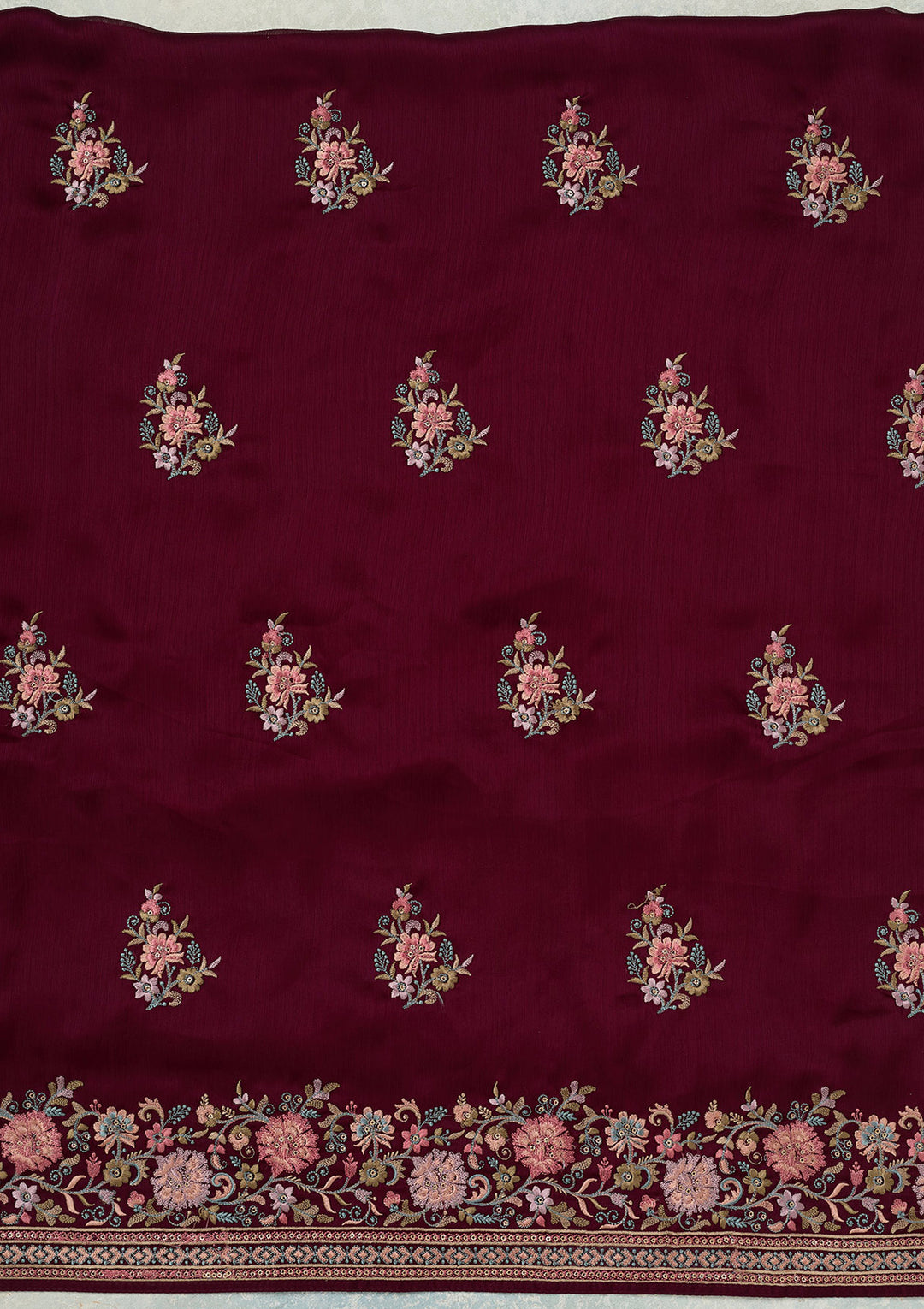 Wine Kashmiri Chinon Unstitched Salwar Suit