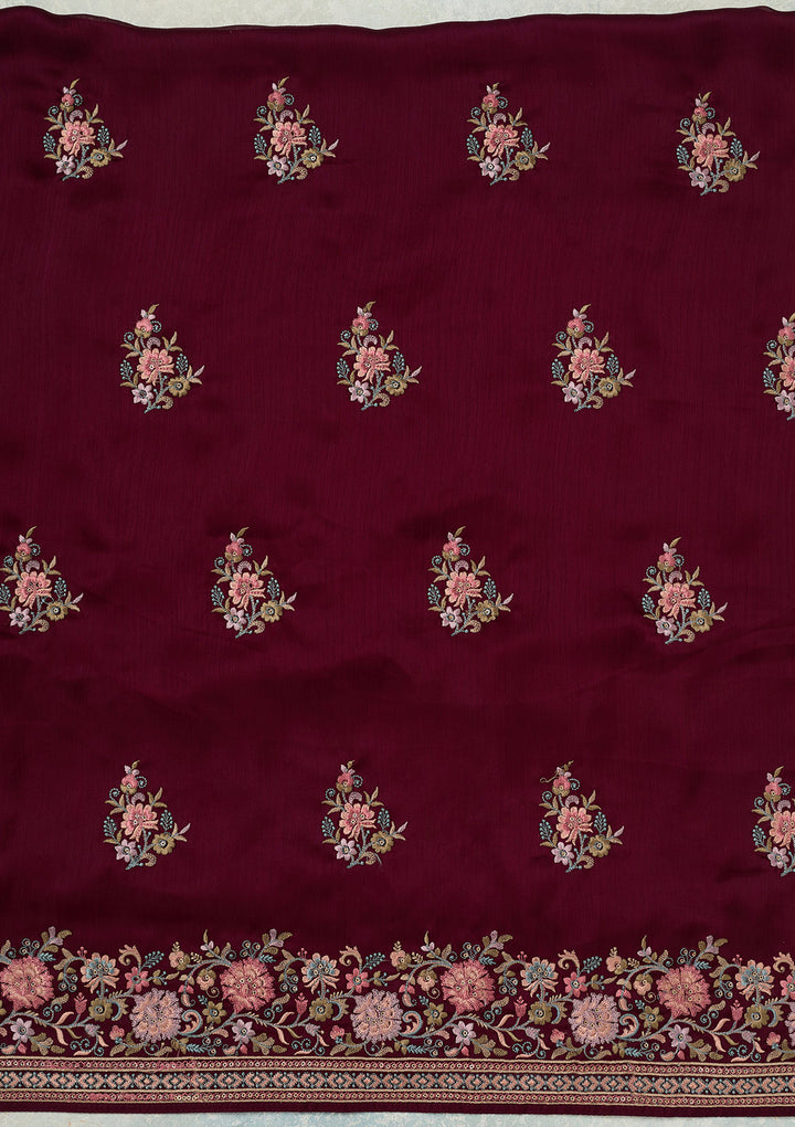 Wine Kashmiri Chinon Unstitched Salwar Suit
