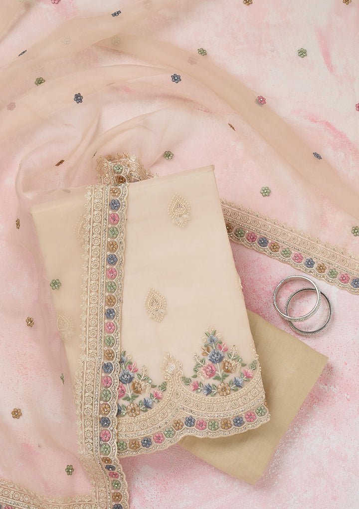 Beige Threadwork Semi Crepe Unstitched Salwar Suit