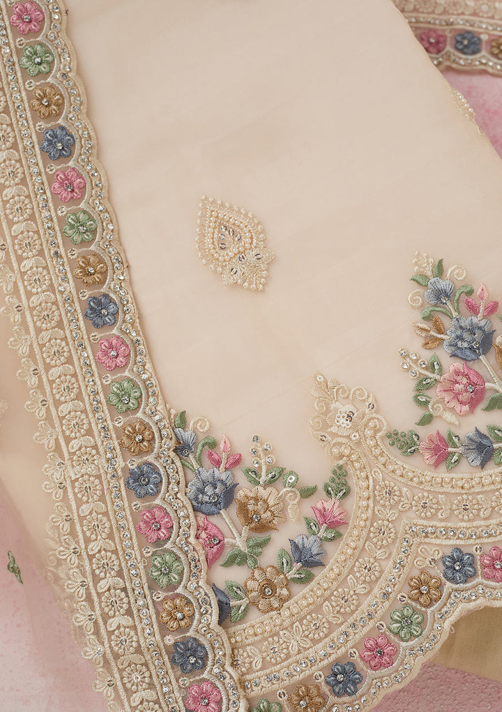 Beige Threadwork Semi Crepe Unstitched Salwar Suit