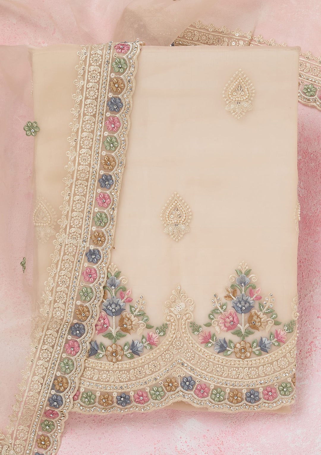 Beige Threadwork Semi Crepe Unstitched Salwar Suit