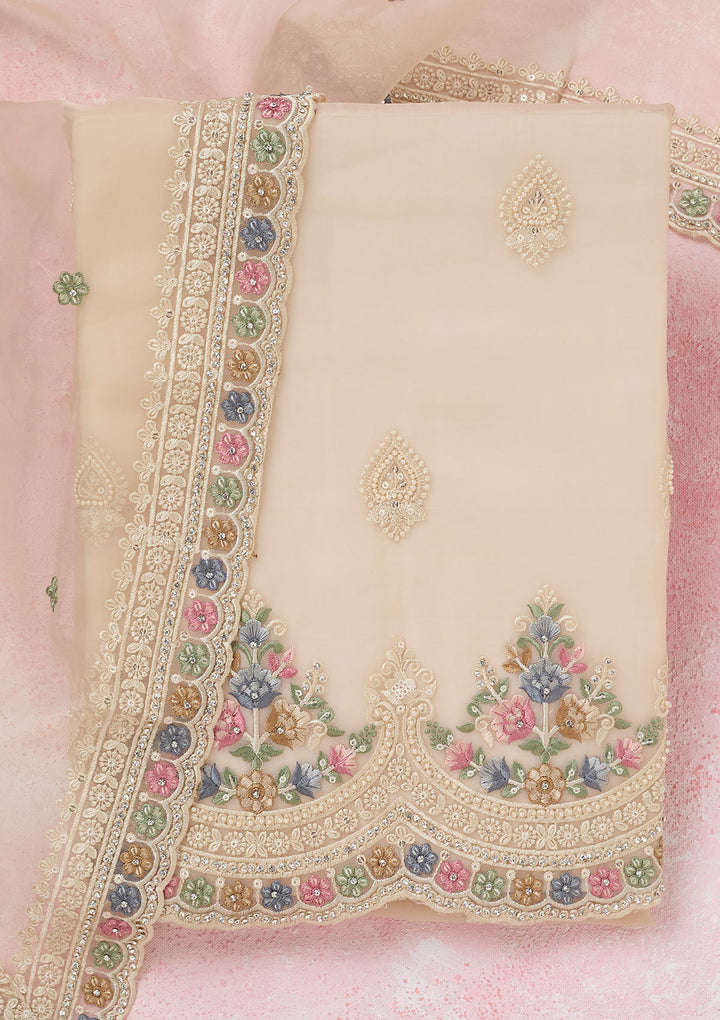 Beige Threadwork Semi Crepe Unstitched Salwar Suit