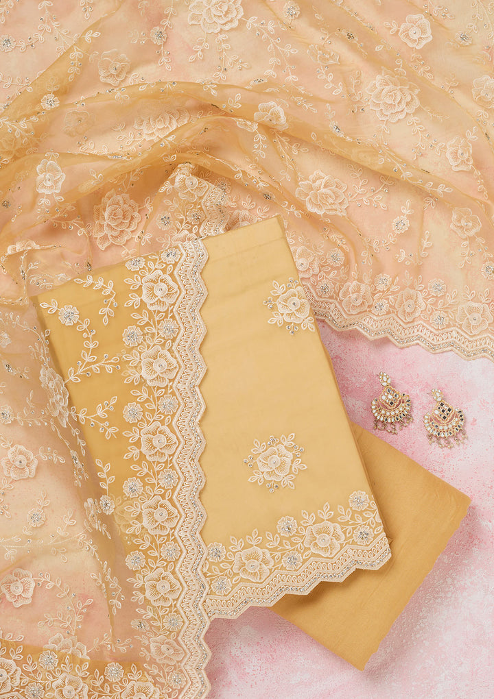 Yellow Threadwork Semi Crepe Unstitched Salwar Suit