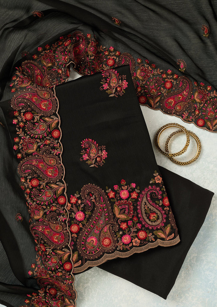 Black Kashmiri Semi Crepe Unstitched Salwar Suit