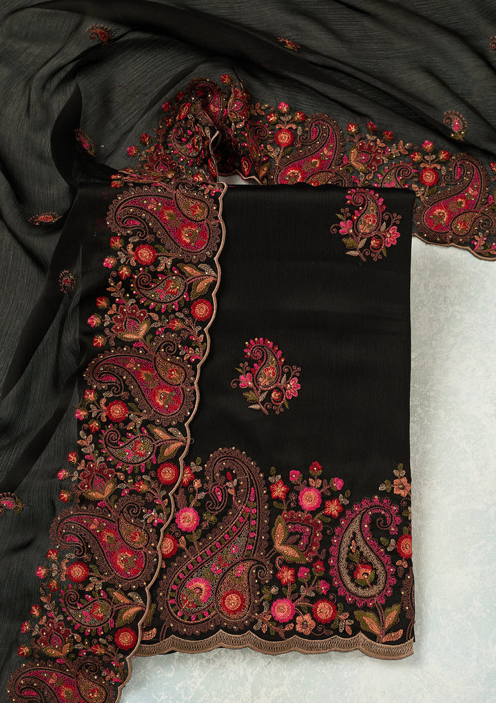 Black Kashmiri Semi Crepe Unstitched Salwar Suit