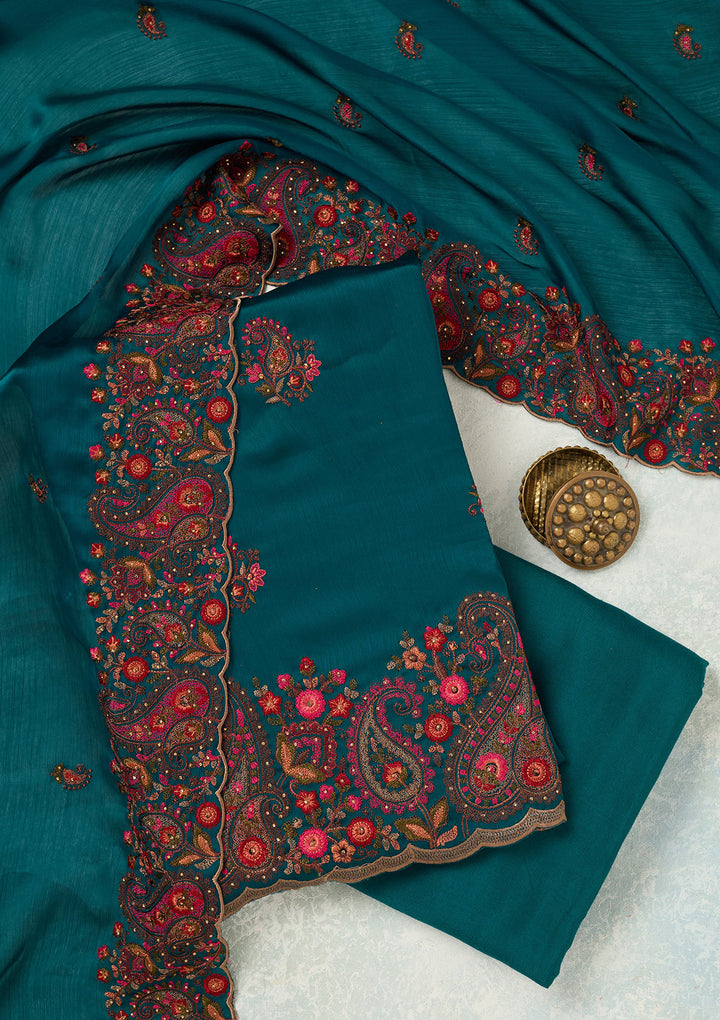 Peacock Blue Kashmiri Semi Crepe Unstitched Salwar Suit