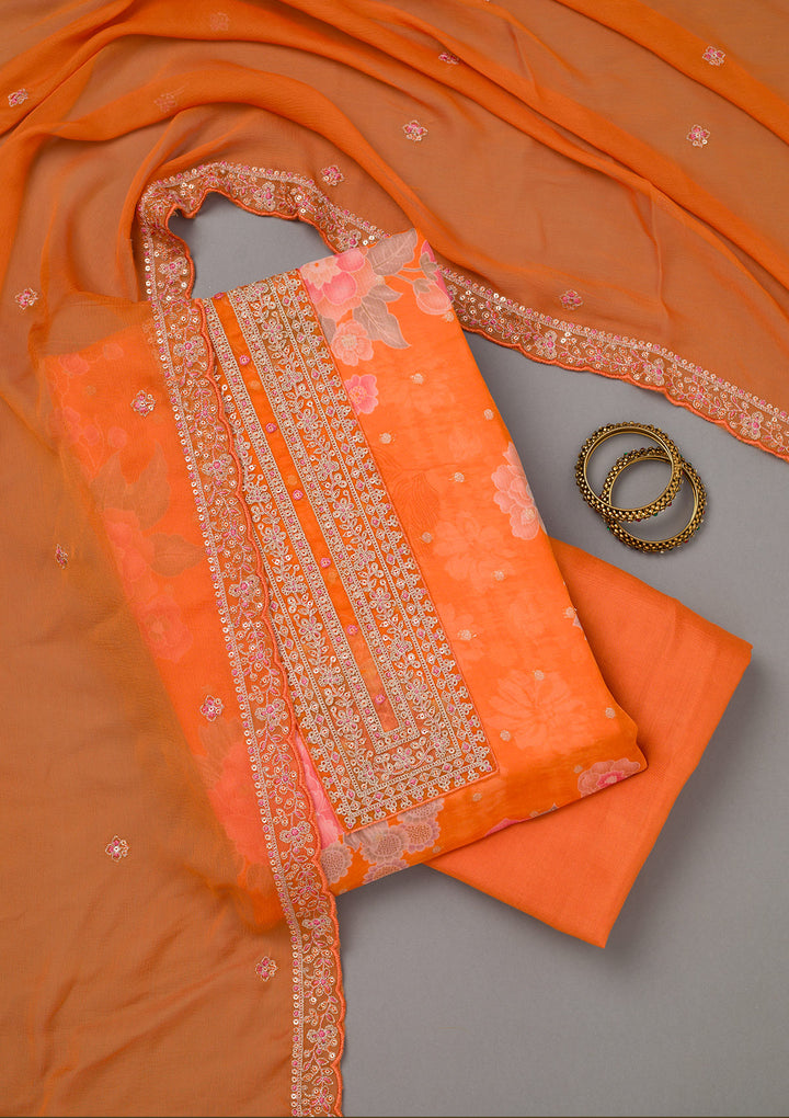 Orange Zariwork Organza Unstitched Salwar Suit