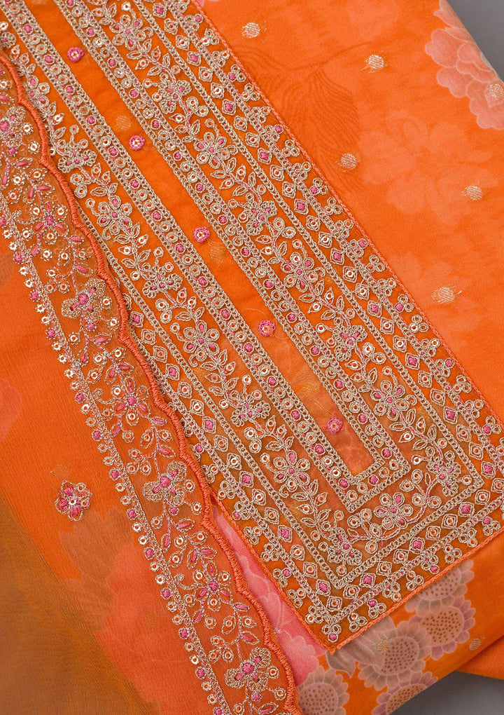 Orange Zariwork Organza Unstitched Salwar Suit