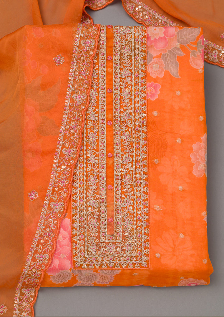 Orange Zariwork Organza Unstitched Salwar Suit