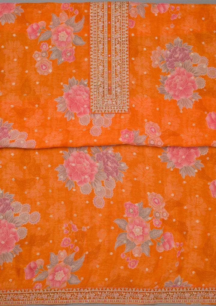 Orange Zariwork Organza Unstitched Salwar Suit