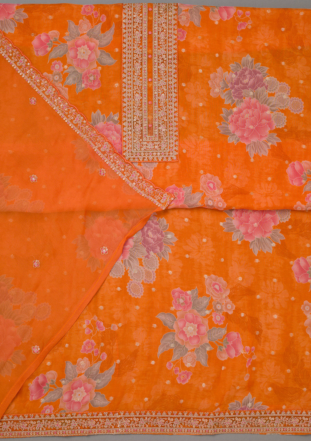 Orange Zariwork Organza Unstitched Salwar Suit