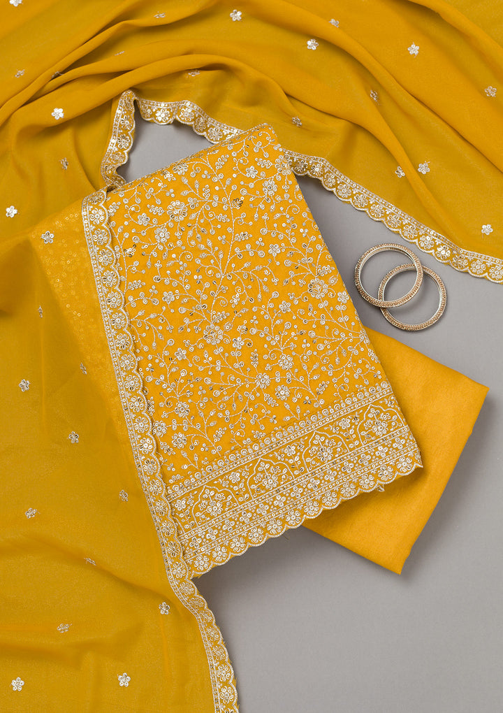 Mustard Threadwork Georgette Unstitched Salwar Suit