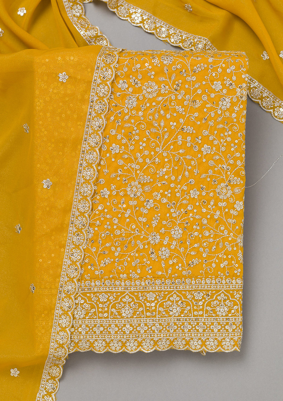 Mustard Threadwork Georgette Unstitched Salwar Suit