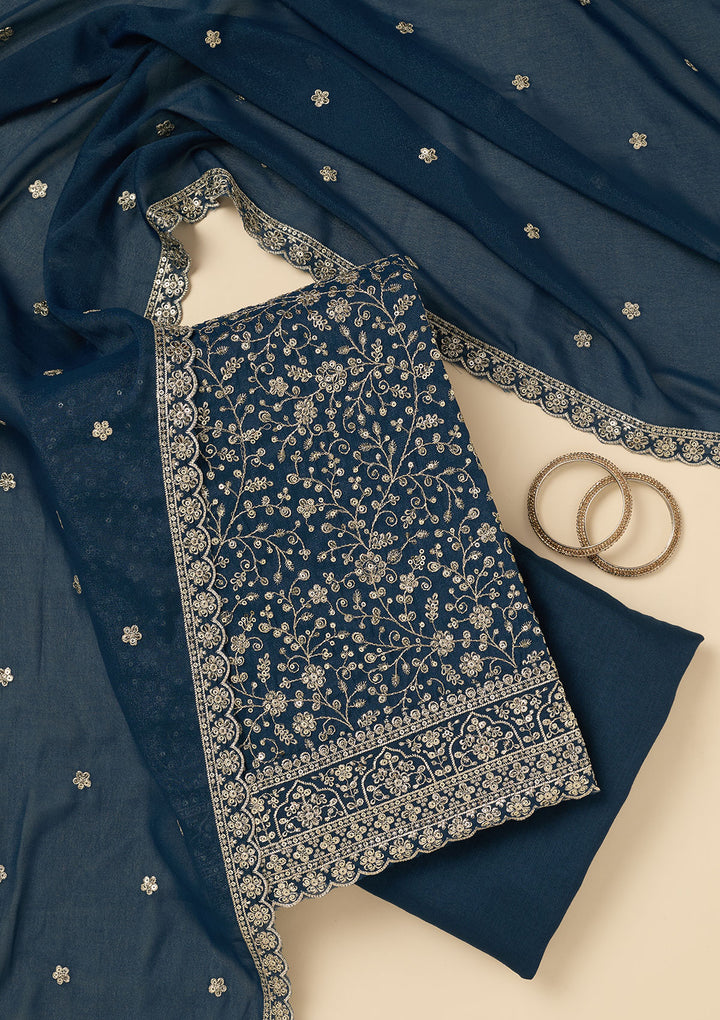 Peacock Blue Threadwork Georgette Unstitched Salwar Suit