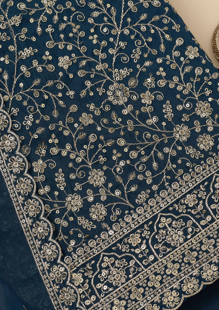Peacock Blue Threadwork Georgette Unstitched Salwar Suit
