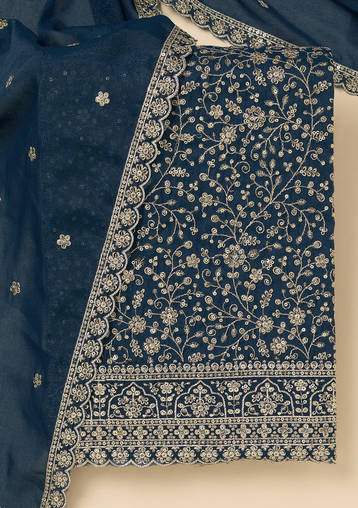 Peacock Blue Threadwork Georgette Unstitched Salwar Suit