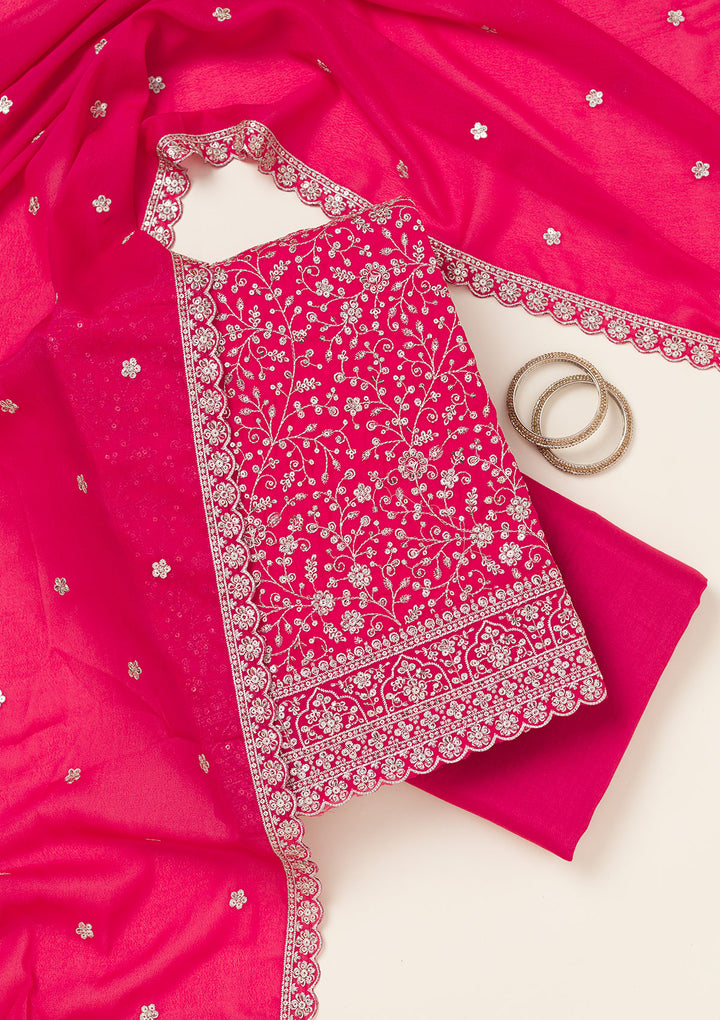Rani Pink Threadwork Georgette Unstitched Salwar Suit