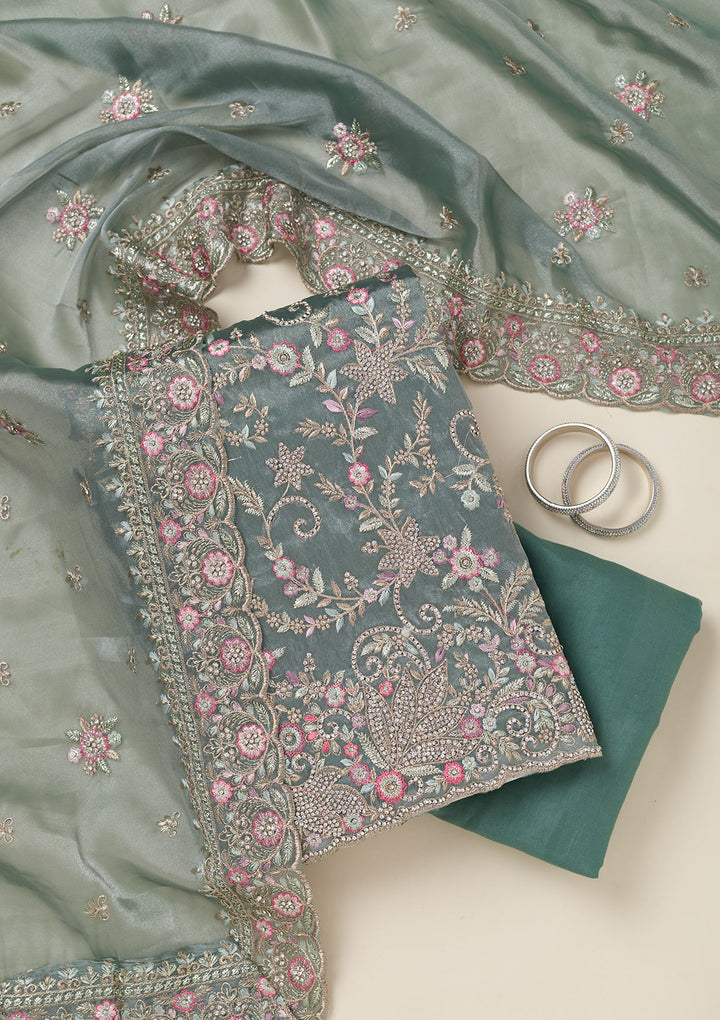 Teal Green Bling Semi Crepe Unstitched Salwar Suit