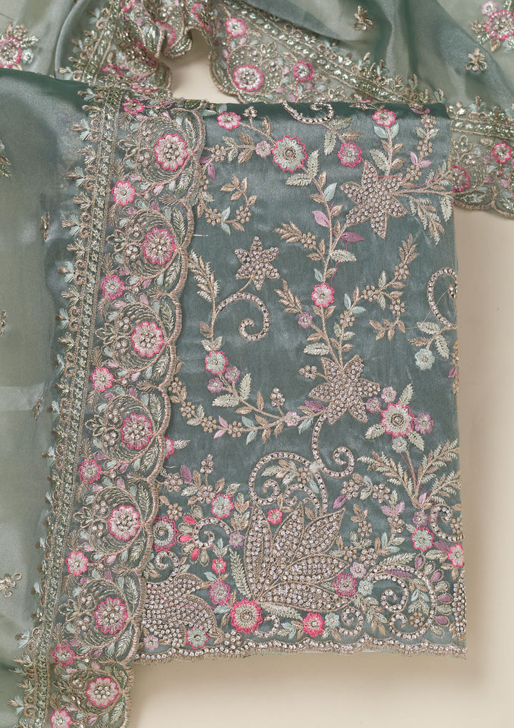 Teal Green Bling Semi Crepe Unstitched Salwar Suit
