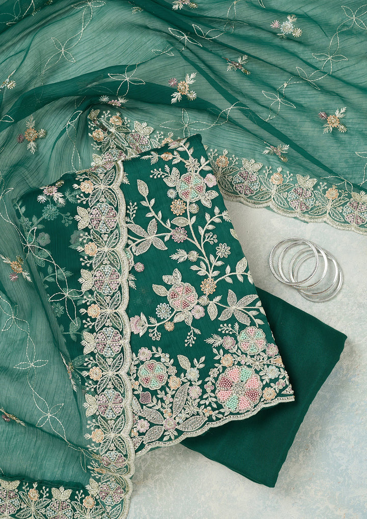 Leaf Green Stonework Semi Crepe Unstitched Salwar Suit