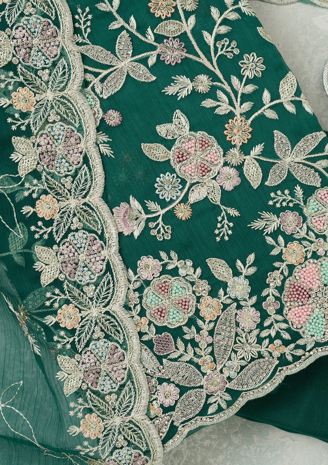 Leaf Green Stonework Semi Crepe Unstitched Salwar Suit