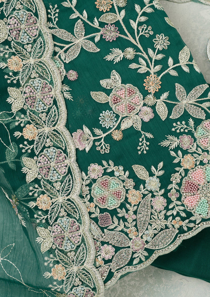Leaf Green Stonework Semi Crepe Unstitched Salwar Suit